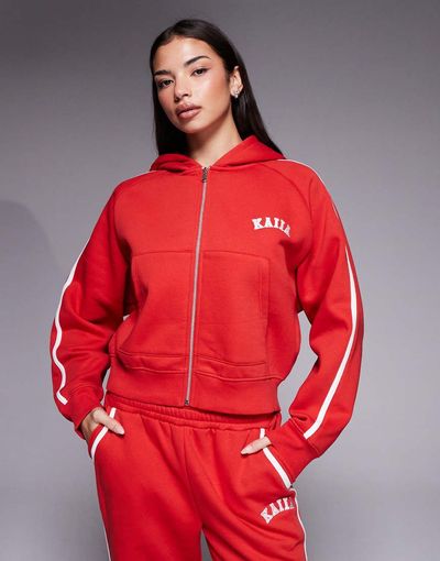 Kaiia Kaiia cotton rich embroidered logo side stripe zip up hoodie in red - part of a set