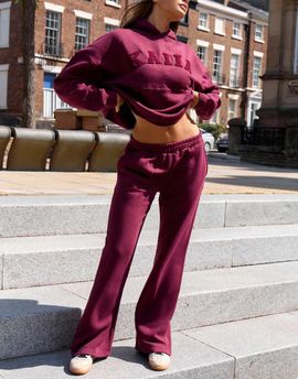 Kaiia Kaiia cotton rich embroidered logo wide leg sweatpants in burgundy - part of a set