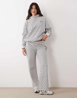 Kaiia Kaiia cotton rich embroidered logo wide leg sweatpants in gray and black polka dot - part of a set-Multi