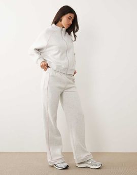 Kaiia Kaiia cotton rich embroidered logo wide leg sweatpants in heather gray and baby pink - part of a set