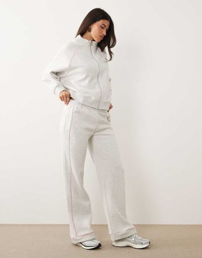 Kaiia Kaiia cotton rich embroidered logo wide leg sweatpants in heather gray and baby pink - part of a set