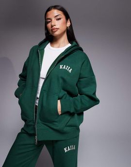 Kaiia Kaiia cotton rich embroidered logo zip up hoodie in forest green - part of a set