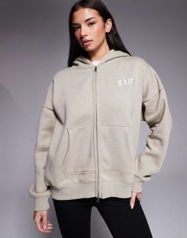 Kaiia Kaiia cotton rich embroidered logo zip up hoodie in stone-Neutral