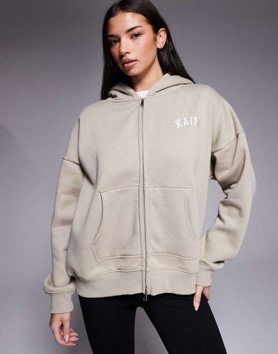 Kaiia Kaiia cotton rich embroidered logo zip up hoodie in stone-Neutral