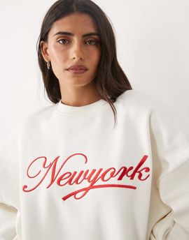 Kaiia Kaiia cotton rich embroidered New York script logo oversized hoodie in cream and red - part of a set-White