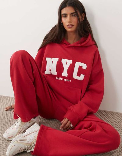 Kaiia Kaiia cotton rich embroidered NYC logo detail oversized hoodie in red and white - part of a set