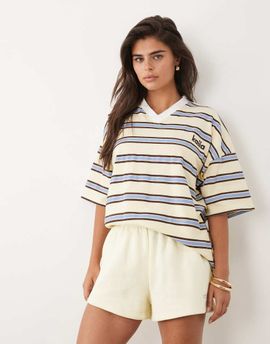 Kaiia Kaiia cotton rich oversized V-neck rugby tee in yellow multi stripe