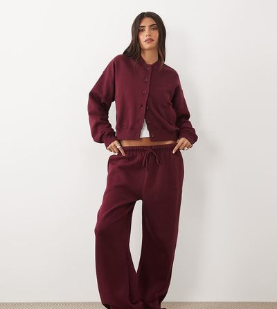 Kaiia Kaiia cotton rich wide leg sweatpants in burgundy - part of a set-Red