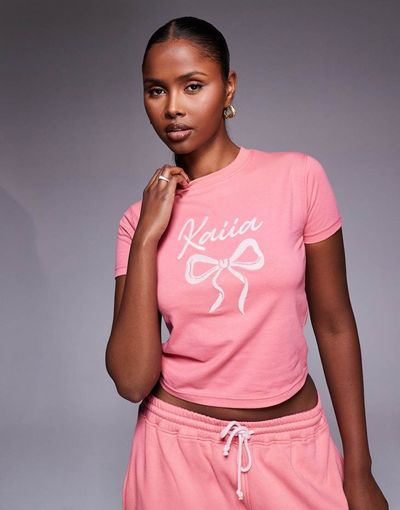 Kaiia Kaiia embroidered bow logo crew neck short sleeve crop top in coral and baby pink - part of a set-Multi