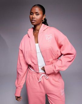 Kaiia Kaiia embroidered bow logo cropped zip up hoodie in coral and baby pink - part of a set-Multi