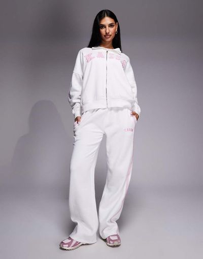 Kaiia Kaiia embroidered logo wide leg sweatpants in white and pink - part of a set