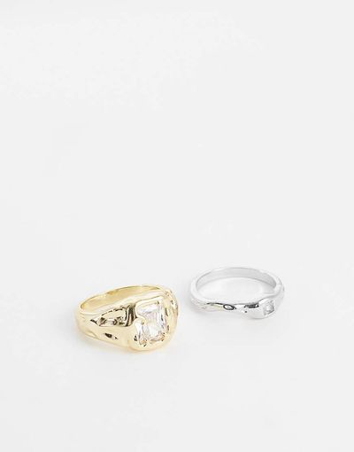 Kaiia Kaiia exclusive 2 pack molten metal detail gem front ring in silver and gold-Multi