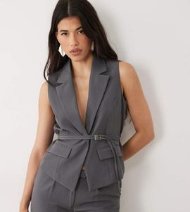Kaiia Kaiia exclusive 90s wrap detail cinched vest in charcoal - part of a set-Gray
