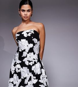 Kaiia Kaiia exclusive bandeau textured floral mini dress in black and white-Multi