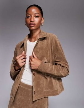 Kaiia Kaiia exclusive button front pocket detail faux suede jacket in tan -set-Brown