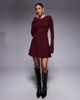 Kaiia Kaiia exclusive compact knit flared sleeve mini skater dress in burgundy - 2