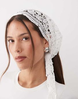 Kaiia Kaiia exclusive cotton crochet lace headscarf in cream-White