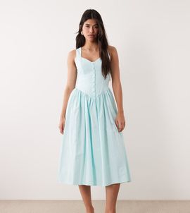 Kaiia Kaiia exclusive cotton poplin sweetheart neckline button detail dropped v waist maxi dress in baby blue-Green
