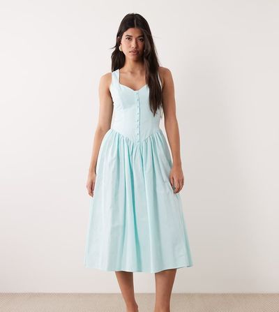 Kaiia Kaiia exclusive cotton poplin sweetheart neckline button detail dropped v waist maxi dress in baby blue-Green