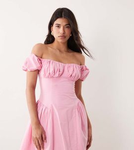 Kaiia Kaiia exclusive cotton puff sleeve pleated hip detailing milkmaid mini dress in baby pink