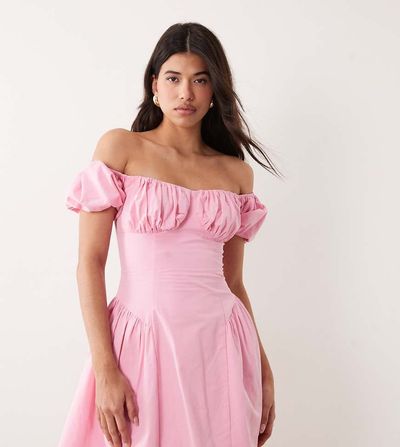 Kaiia Kaiia exclusive cotton puff sleeve pleated hip detailing milkmaid mini dress in baby pink