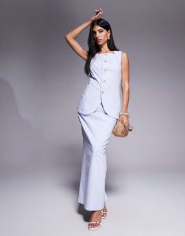 Kaiia Kaiia exclusive cotton rich linen look back split maxi skirt in dusty blue - part of a set