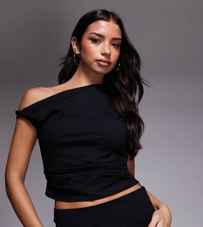 Kaiia Kaiia exclusive cotton rich stretch twist off shoulder top in black - part of a set