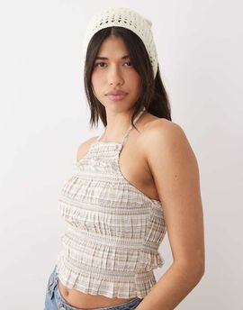 Kaiia Kaiia exclusive cotton seashell and star trim crochet headscarf in cream-White