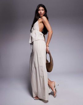 Kaiia Kaiia exclusive cotton tie waist linen look maxi skirt in cream stripes - part of a set-Multi