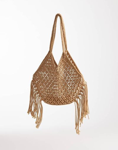 Kaiia Kaiia exclusive cotton woven tassel trim shoulder straps beach bag in beige-Neutral