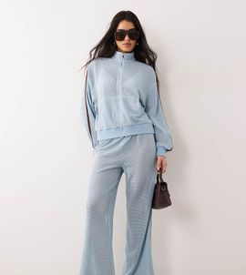 Kaiia Kaiia Exclusive crochet contrast stripe pants in baby blue and chocolate - part of a set