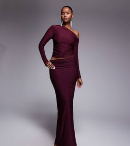 Kaiia Kaiia exclusive double layered slinky column maxi skirt in dark cherry - part of a set