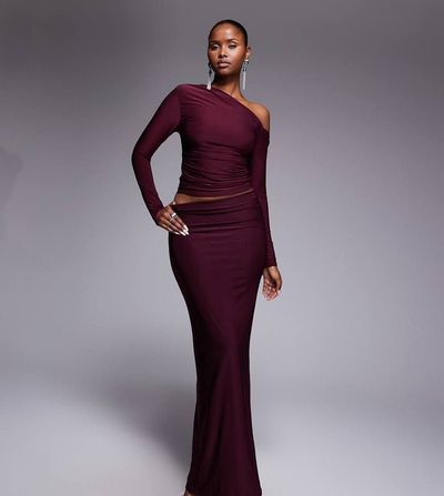 Kaiia Kaiia exclusive double layered slinky column maxi skirt in dark cherry - part of a set