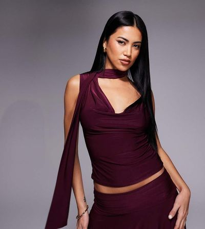 Kaiia Kaiia exclusive double layered slinky cowl neck scarf detail top in dark cherry - part of a set
