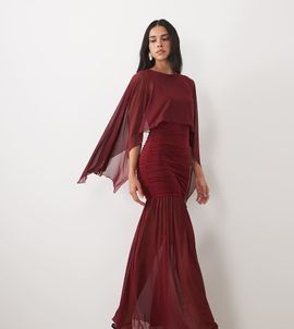 Kaiia Kaiia exclusive double layered slinky dropped waist floaty mesh cape overlay sheer hem maxi dress in burgundy