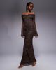Kaiia Kaiia exclusive double layered slinky lace bardot flare sleeve tie waist drape detail maxi dress in chocolate-Brown - 1