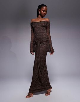 Kaiia Kaiia exclusive double layered slinky lace bardot flare sleeve tie waist drape detail maxi dress in chocolate-Brown