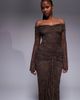 Kaiia Kaiia exclusive double layered slinky lace bardot flare sleeve tie waist drape detail maxi dress in chocolate-Brown - 2