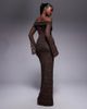 Kaiia Kaiia exclusive double layered slinky lace bardot flare sleeve tie waist drape detail maxi dress in chocolate-Brown - 3