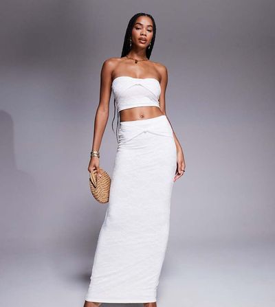 Kaiia Kaiia exclusive double layered slinky lace knot detail maxi skirt in ivory - part of a set-White