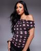 Kaiia Kaiia exclusive double layered slinky mesh drape off shoulder top in brown and pink polka dot-Multi - 1