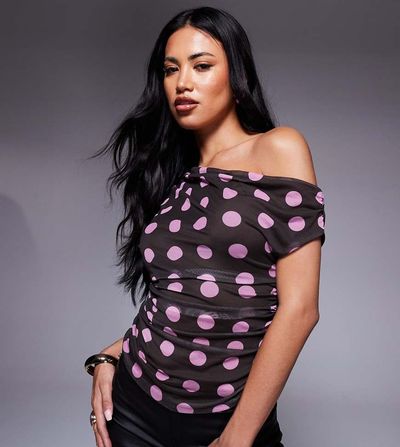 Kaiia Kaiia exclusive double layered slinky mesh drape off shoulder top in brown and pink polka dot-Multi