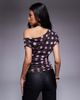 Kaiia Kaiia exclusive double layered slinky mesh drape off shoulder top in brown and pink polka dot-Multi - 2