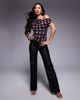 Kaiia Kaiia exclusive double layered slinky mesh drape off shoulder top in brown and pink polka dot-Multi - 3