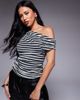 Kaiia Kaiia exclusive double layered slinky mesh drape off shoulder top in mono stripe-Multi - 1