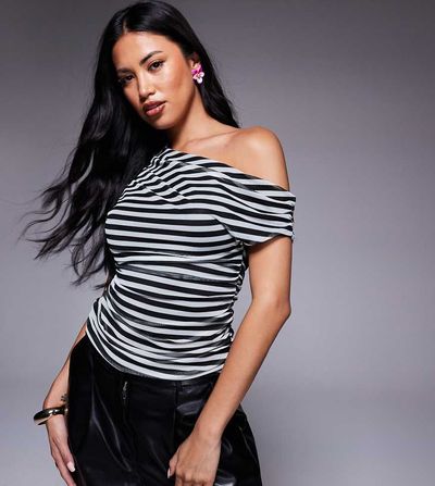 Kaiia Kaiia exclusive double layered slinky mesh drape off shoulder top in mono stripe-Multi
