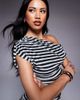 Kaiia Kaiia exclusive double layered slinky mesh drape off shoulder top in mono stripe-Multi - 2