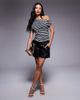 Kaiia Kaiia exclusive double layered slinky mesh drape off shoulder top in mono stripe-Multi - 3