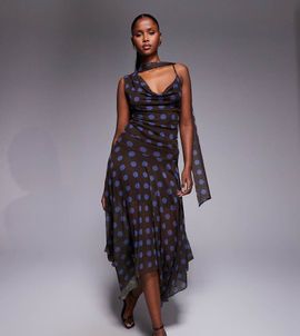 Kaiia Kaiia exclusive double layered slinky mesh fairy hem maxi skirt in brown and blue polka dot - part of a set-Multi