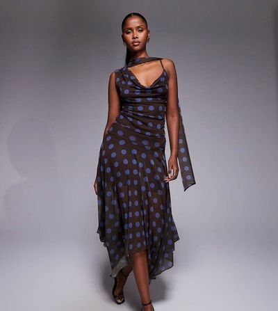 Kaiia Kaiia exclusive double layered slinky mesh fairy hem maxi skirt in brown and blue polka dot - part of a set-Multi